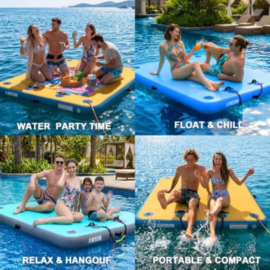 Inflatable Floating Dock For Lake Pool Beach Ocean Use, PVC Material, Blue, Non-Slip Surface And High Load Capacity Up To 900 L