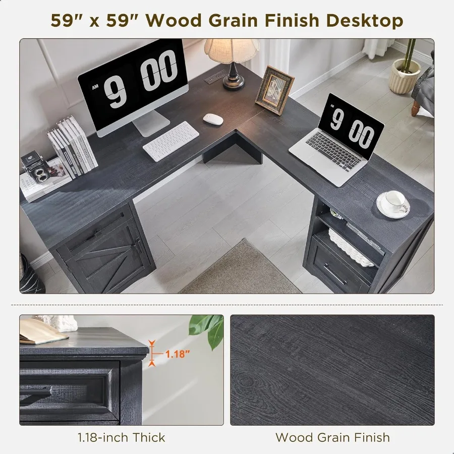 مكتب منزلي مكتب كمبيوتر حديث للمزرعة مع خزانة ملفات حرف T4 F4 مكتب كتابة للدراسة القانونية 59 Ih أسود رائع #4