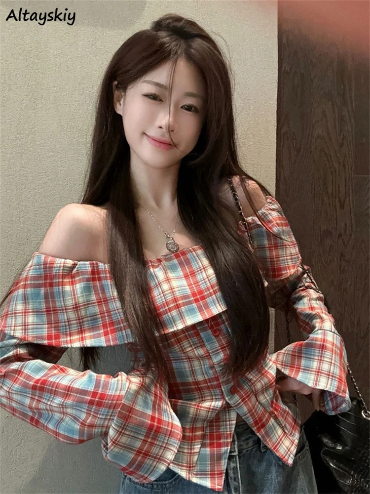 

Slash Neck Shirt Women Ruffles Fashion Y2k Plaid Spring Korean Style Panelled All-match Slim Fit Sweet Spicy Girls Streetwear