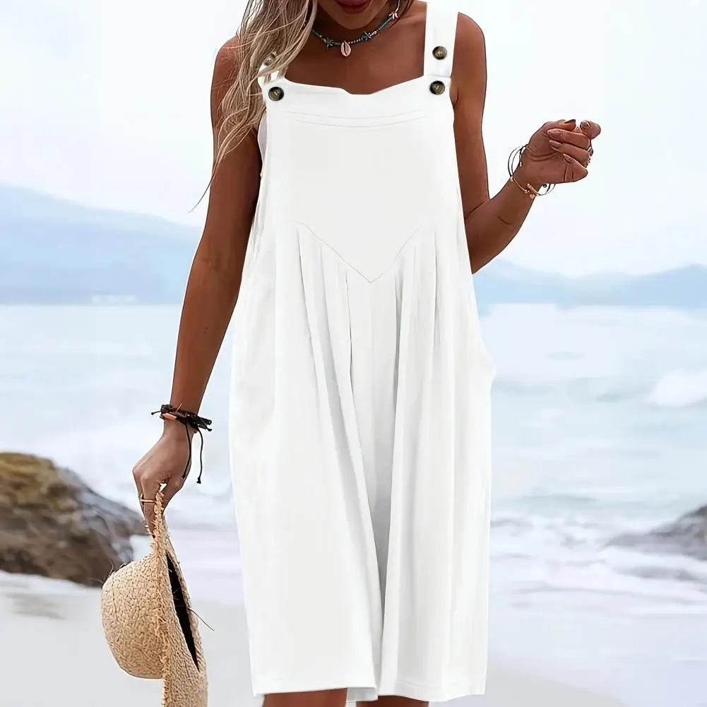 

Summer Women's Sleeveless Overall Loose Beach Jumpsuit with Pockets Travel Vacation One Piece Romper Casual Outfits
