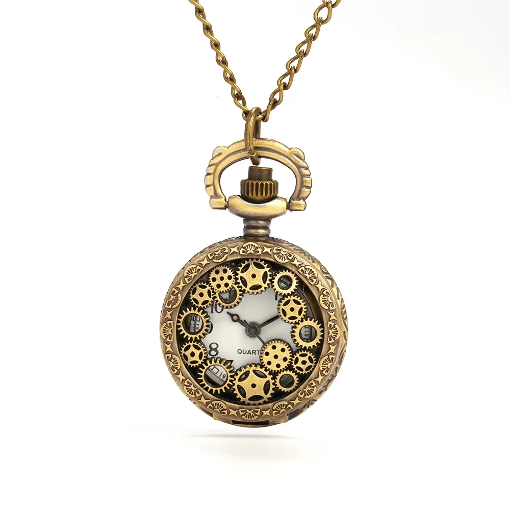 8134    Large bronze wheel Roman scale pocket watch personality creative trend retro gift quartz pocket watch