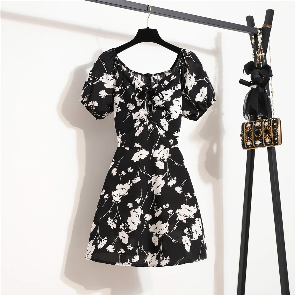 

Women Mini Dresses Summer Fashion Female Vestidos Print Floral Chiffon Dresses Shirring Pleated Short Puffy Sleeve Casual Dress