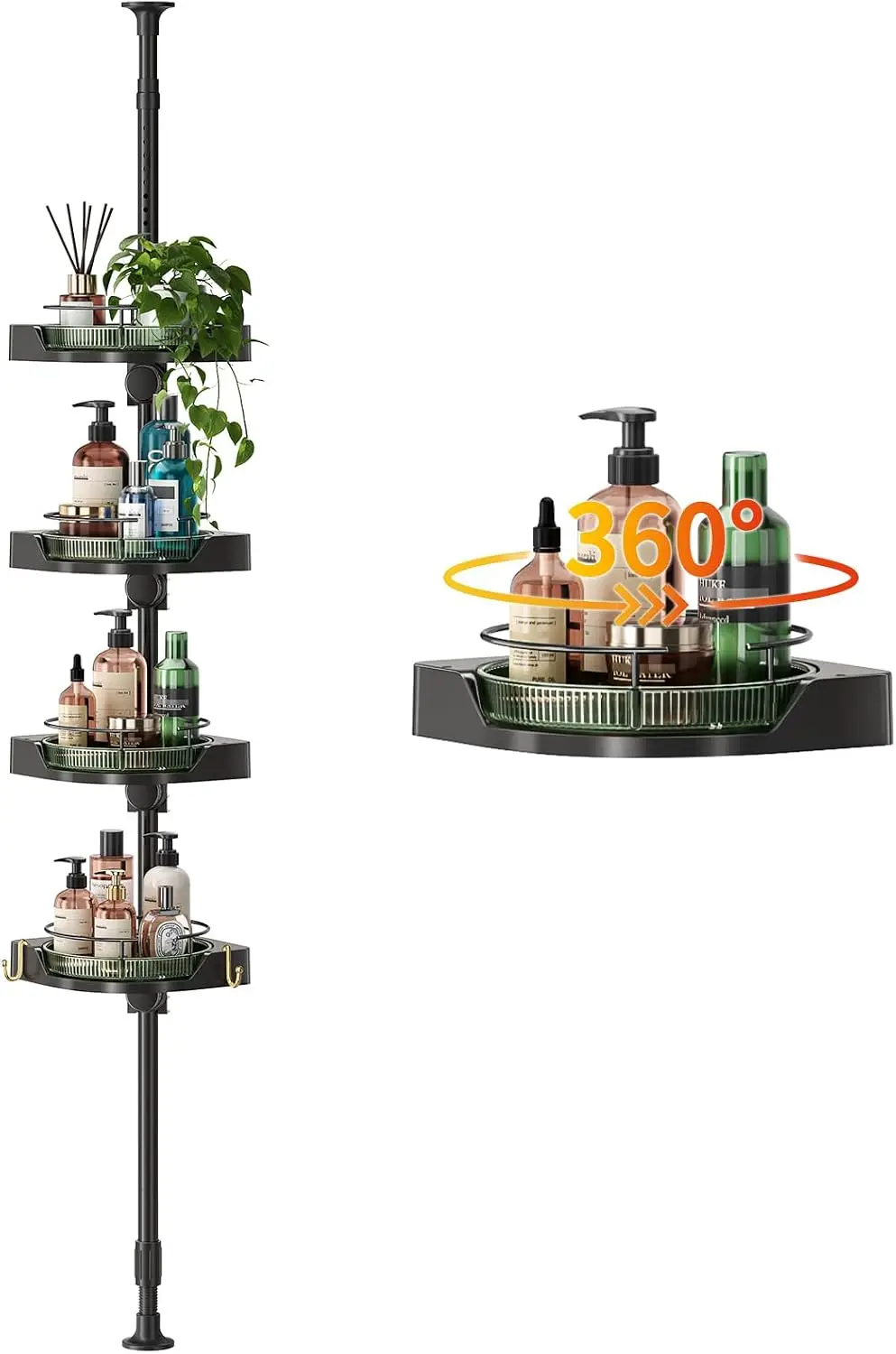 360° Rotating Shower Caddy Tension Pole with 4-Tier Rustproof Lazy Susan 35-128 Inch No Drilling Coner Shelves Adjustable Shower Rack for Bathroom Bathtub Washbasin Plant Storage (Black+Green)