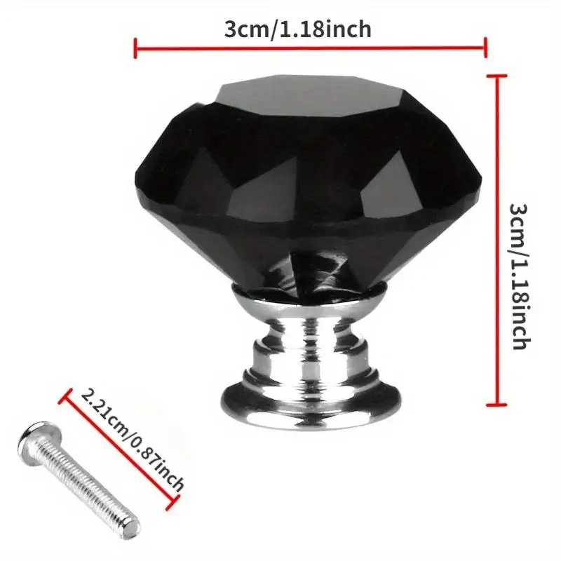 6pcs Black Diamond Shape Crystal Glass 30mm Kitchen Cabinet Door Drawer Knob Cupboard Dresser Wardrobe Pull Handle with Screws