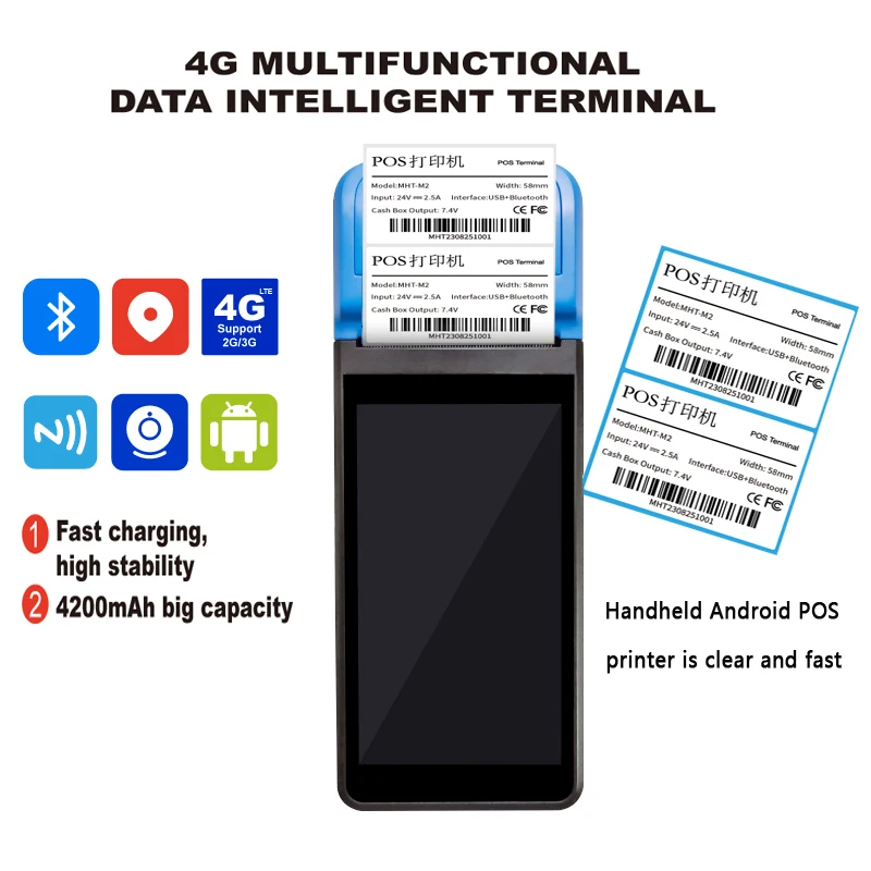 Bluetooth 58mm Thermal Printer Android 11 PDA Handheld POS Terminal 5.5HD Inch Touch Screen with NFC 1D2D Barcode Scanner Reader