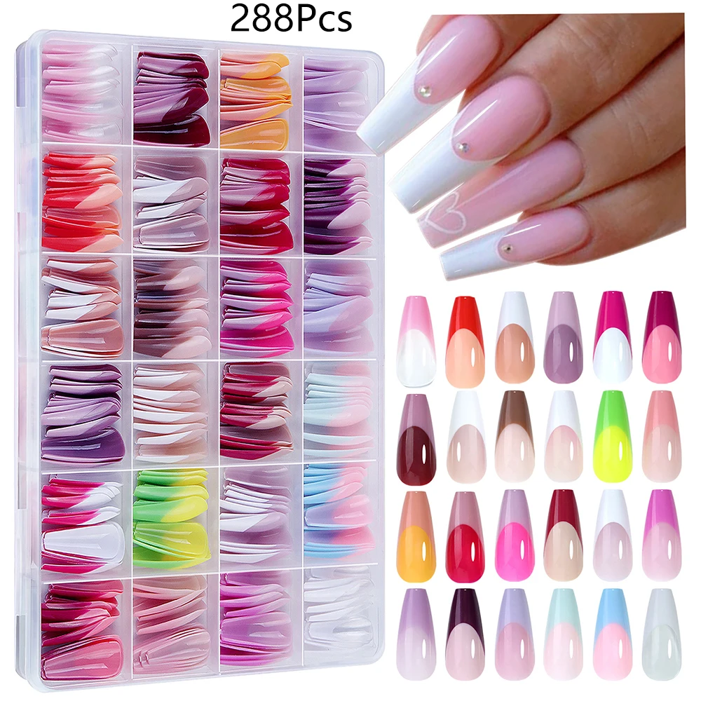 

288 шт. разноцветных накладных ногтей френч-тип, длинные, глянцевые, в форме ковчега, для самостоятельного маникюра, многоразовые, цветные, искусственные ногти-когти в форме ковчега