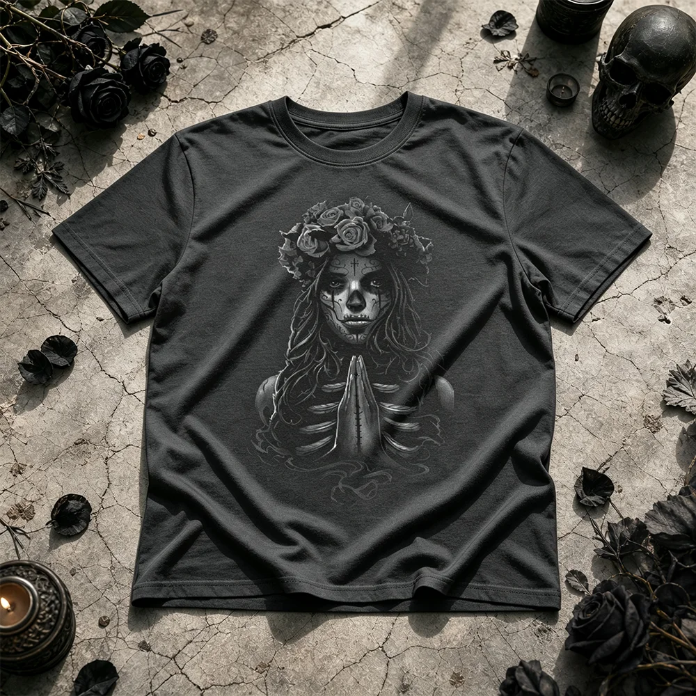 Unisex Gothic Praying Catrina Mexican Day of the Dead T-Shirt Short Sleeve Breathable Parent-Child Tee Black White Rose Top