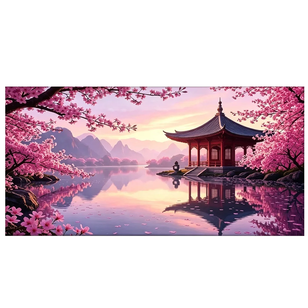 DIY Diamond Art Embroidery Kit Pink Tree Pavilion Scenery 5D Mosaic Full Drill Diamond Painting Frameless Handmade Wall Decor