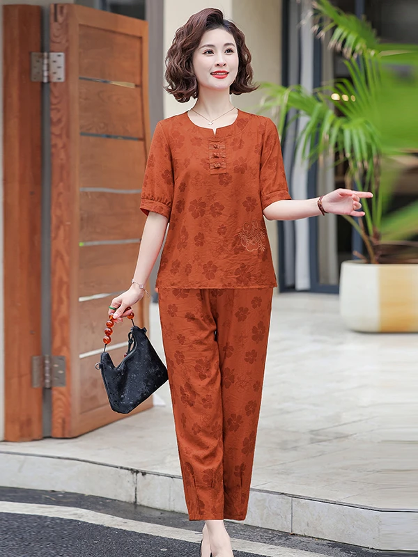 

Комплект из ледяного шелка и хлопка для женщин, летняя одежда для мам среднего возраста, новинка 2025, ort Sve, свободный крой, двухсекционный повседневный ансамбль Faion