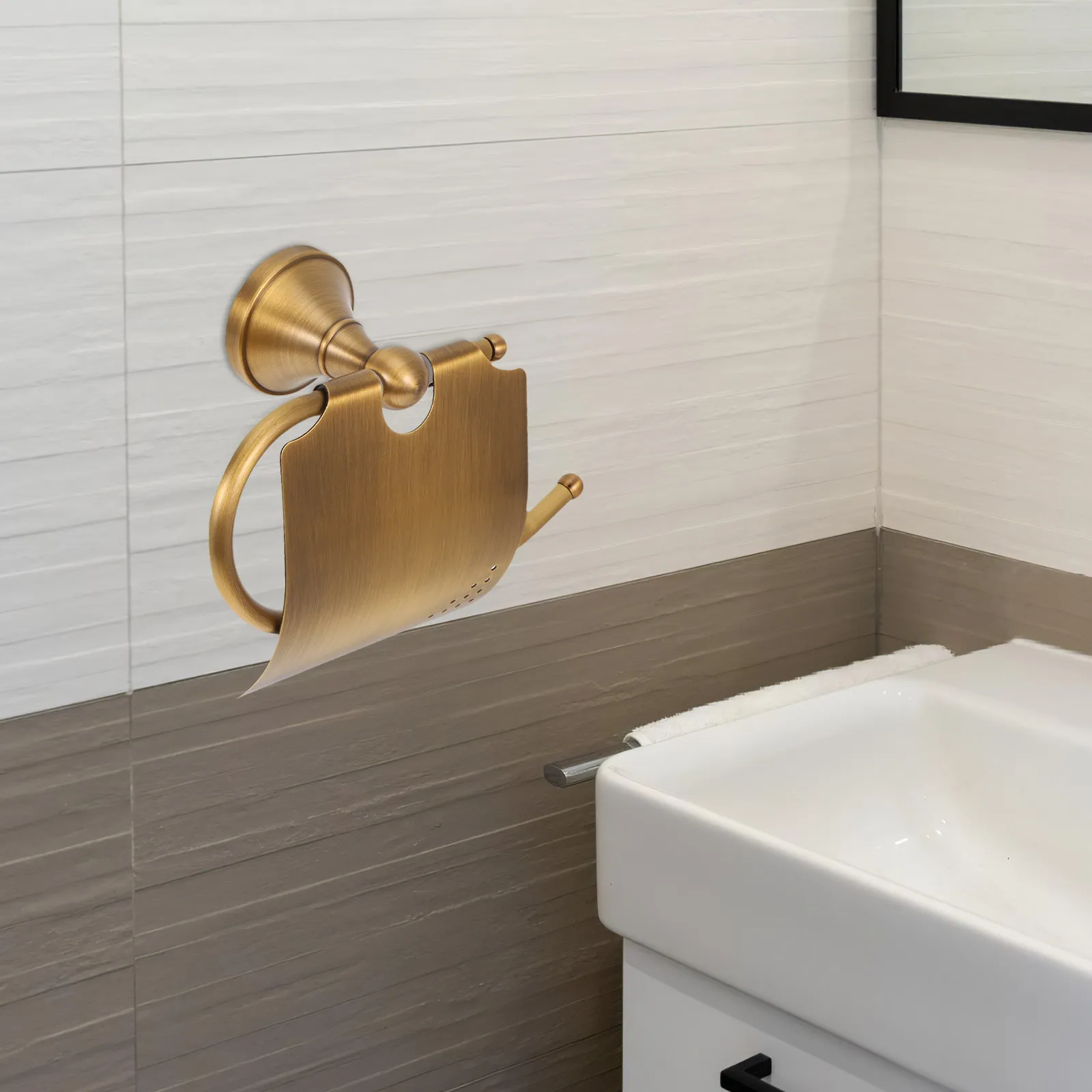 

Brass Roll Paper Rack Holder Vintage Carved Base Curved Cover Prevent Wet Bathroom Tissue Holder Wall Mount