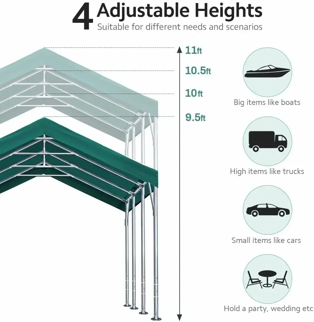 12x20 ft Canopy Garage Heavy Duty Carport Car Boat Shelter Party Tent, Adjustable Peak Height from 9.5ft to 11ft, Green