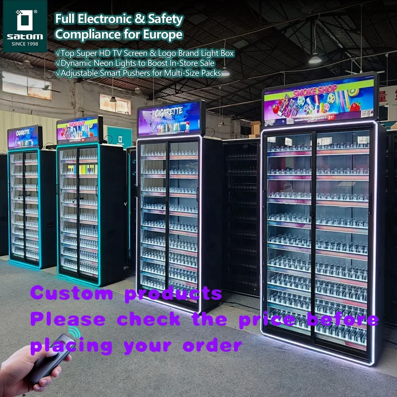 custom.Satom 50m Remote Control Display Rack Stand Cabinet Smoke Shop with LCD Screen and Adjustable Pushers
