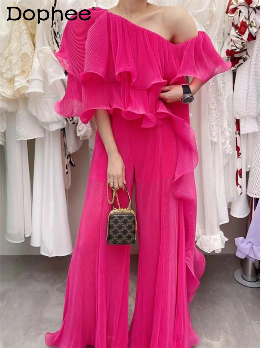 Sexy Off-Shoulder Irregular Ruffled Tshirt Top Women Wide-Leg Pants Suit 2022 Summer New High-end Oversized Pants Two-Piece Sets