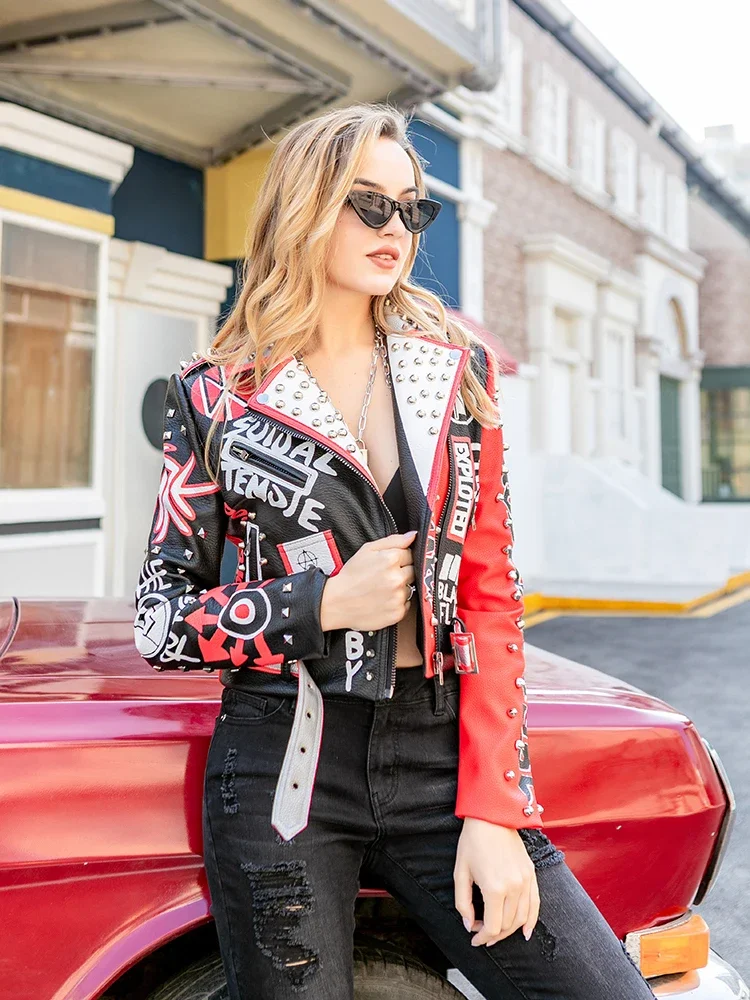Streetwear Contrast Graffiti Print Faux Leather Jacket Women 2024 New Slim-fit Cropped Punk Studded Motorcycle Jacket