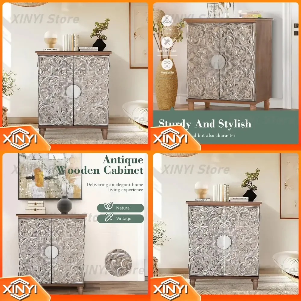 Wood Accent Storage Cabinet with 2 Doors Vintage Buffet Sideboard Embossed Pattern Decorative Cabinet for Entryway Dining