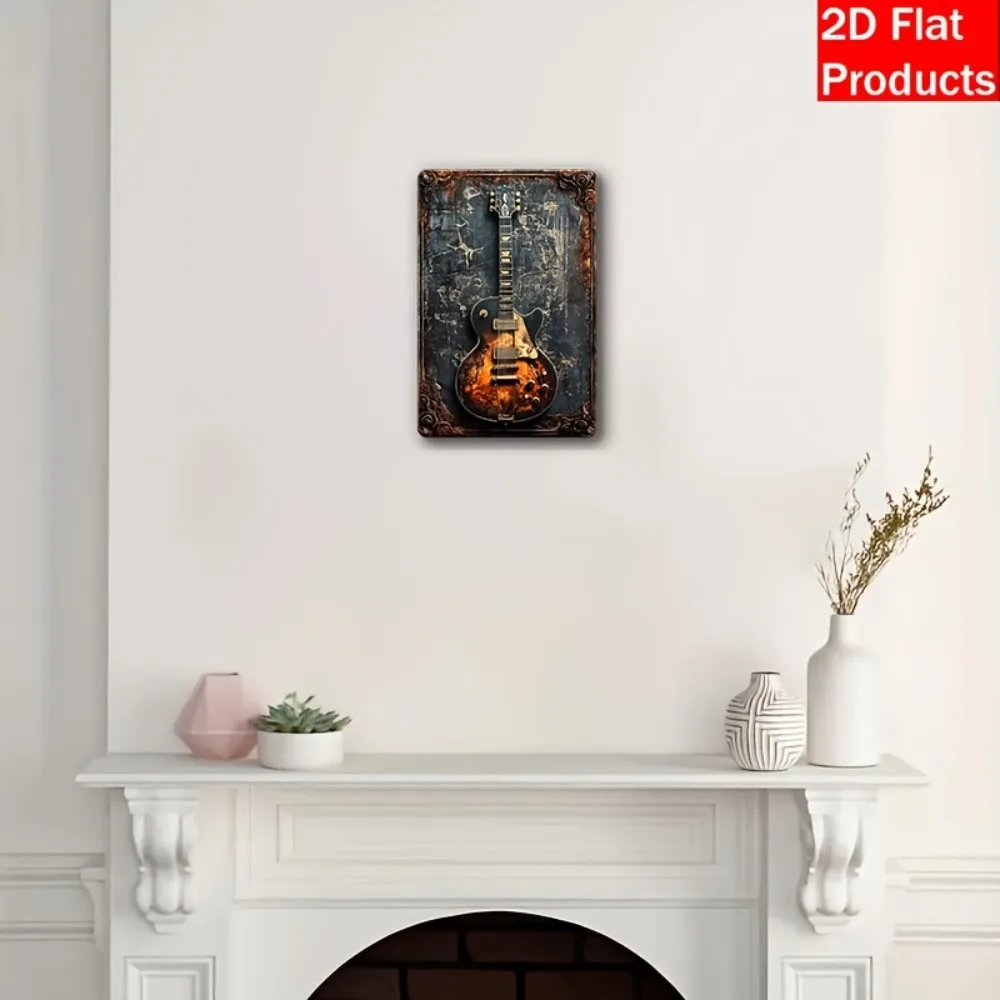 لوحة فنية جدارية معدنية على شكل جيتار ريفي مسطح عتيق ثنائي الأبعاد، لوحة حديدية مقاس 7.87 بوصة × 11.8 بوصة - ديكور منزلي/بار