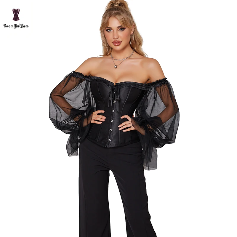 Off Shoulder Long Sleeves Burlesque Overbust Corset Victorian Bustier For Women Plus Size Solid Black Lace Up Boned Corselet