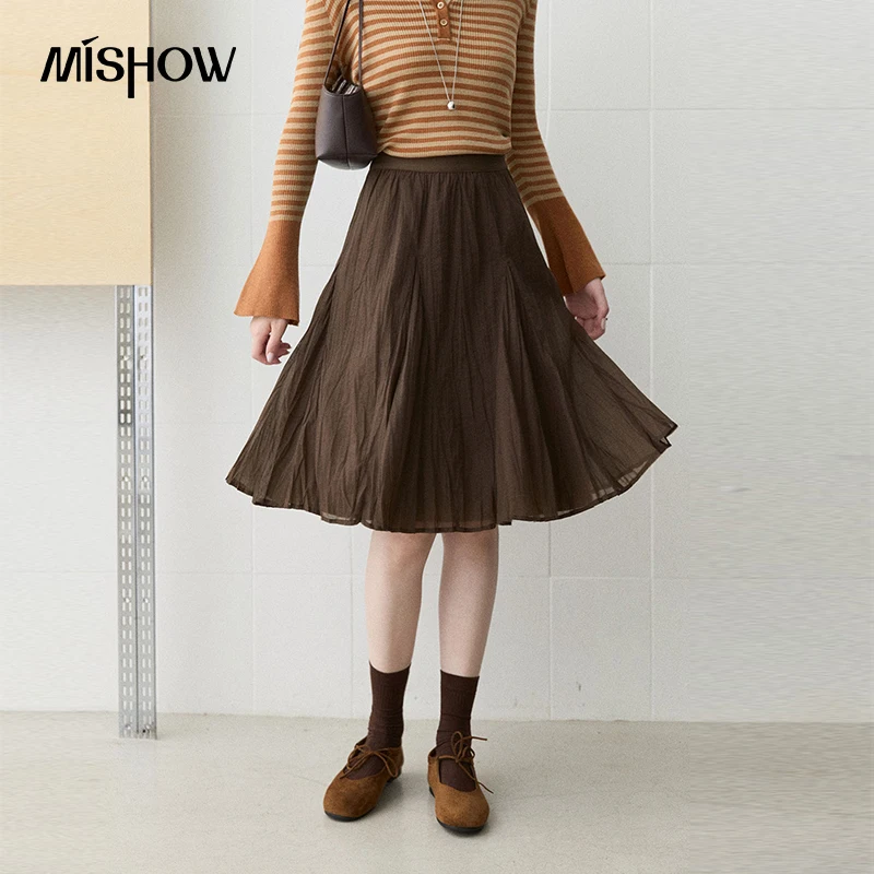 MISHOW Women's Vintage High Waist Midi Skirt 2026 Autumn Cotton Pleated A-line Skirts Slim Elegant Flowy Ladies Skirt MXF46B2604