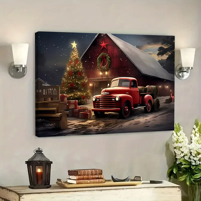 Framed Classic Red Truck Canvas Painting Rustic Landscape Christmas Tree Canvas Wall Art Bedroom Living Room Home Decor Gift