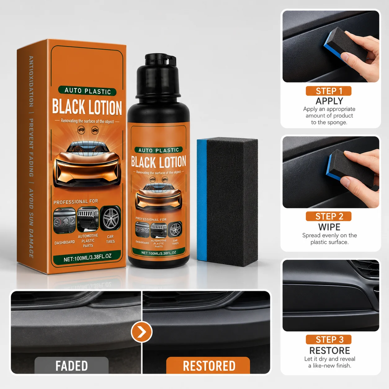 Trim Restorer Plastic - Armaturenbrett-Veredelungsmittel Auto-Kunststoff-Aufbereitungslotion UV-Schutz Anti-Aging Reifenrenovierung Reinigungswerkzeug