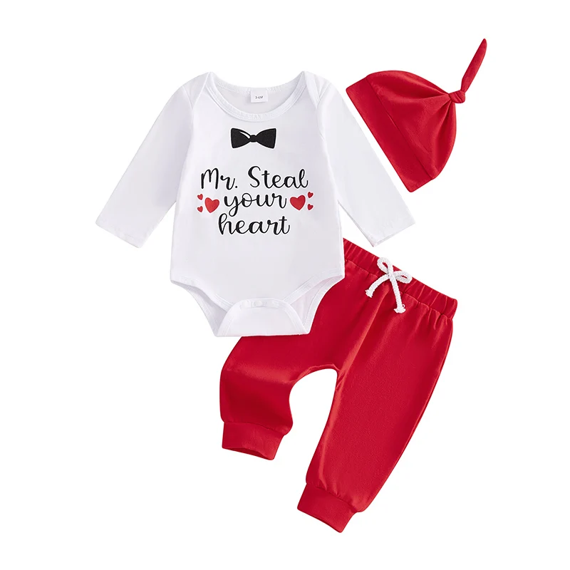 Baby Boy Valentine s Day Outfit Letter Print Long Sleeve Rompers and Elastic Pants Hat Set Spring 3 Piece Clothes