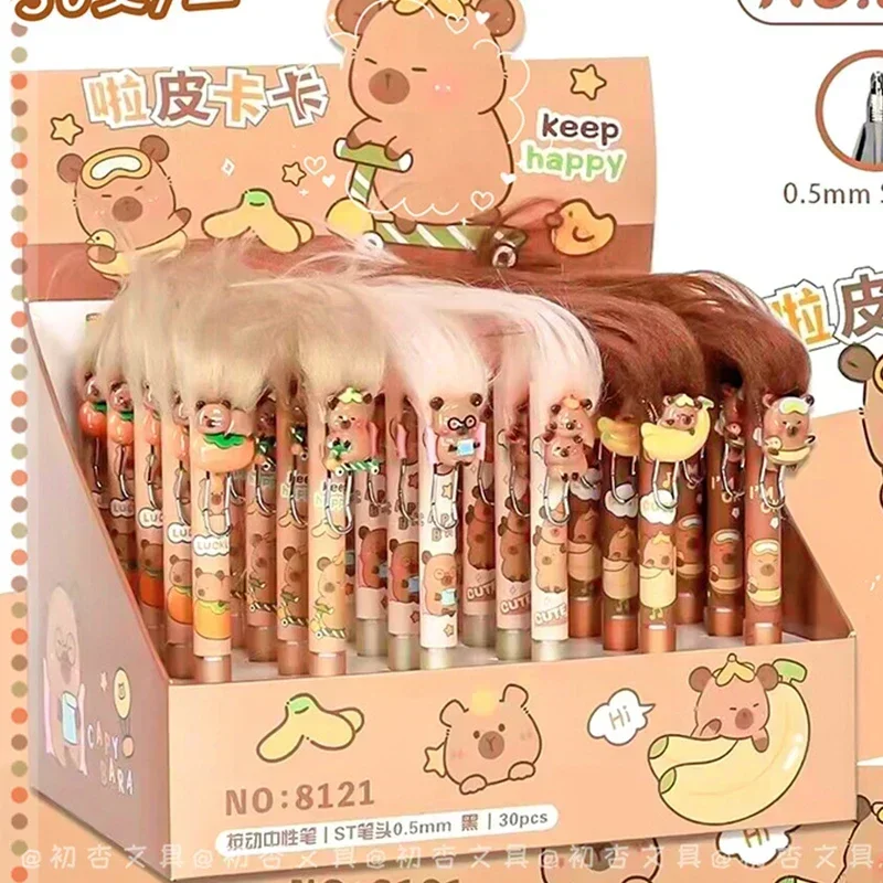 New 6Pieces Anime Capybara Cartoon 0.5mm Gel Pens Girls Stationery Fried Hair Press Pen Kawaii Student Supplies Kids Toy Gift