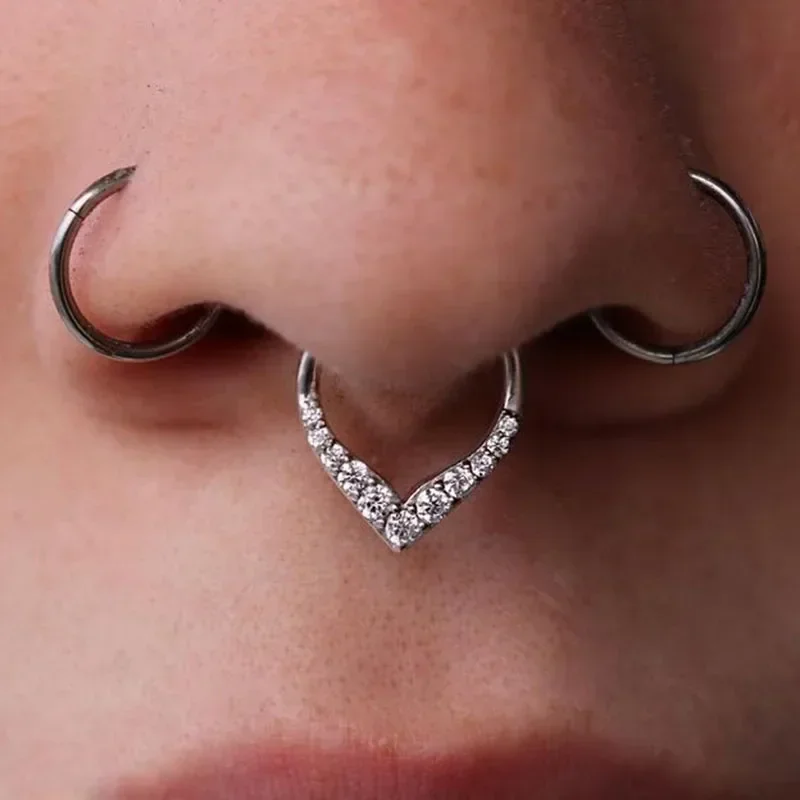 G23 Titanium EAR PIERC Fan-shaped and side Zircon Ring Hoop Nose Rings Hinged Clicker Earring Labret Tragus Ring Body Piercing