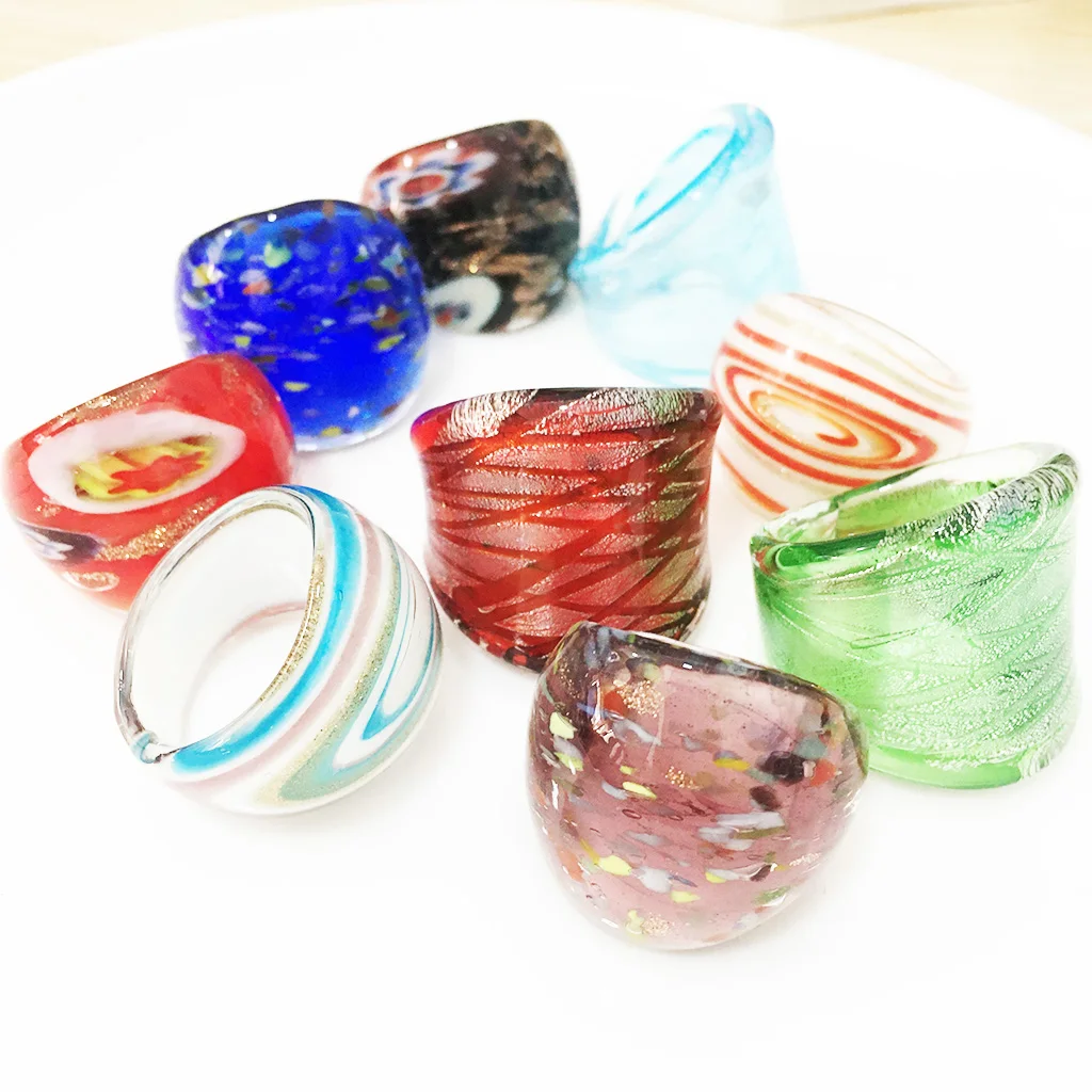 9PCS Wholesale Randomly Mix Color Glass Murano Rings For Women Gold Foil Color 17-19mm Band Random Model