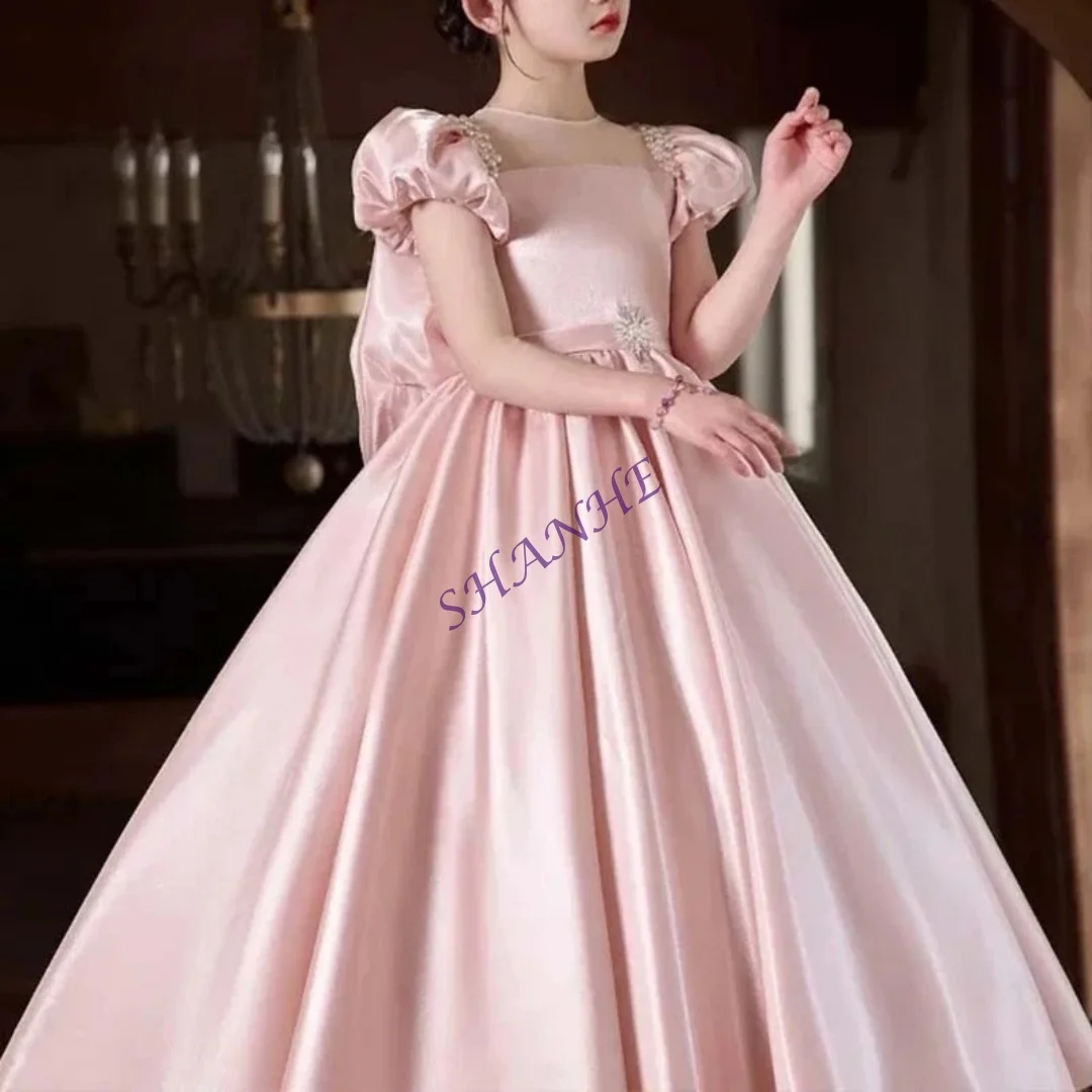 Abito da ragazza di fiore rosa personalizzato per matrimonio per bambini Abito da spettacolo principessa in raso con maniche di perle con fiocco Festa per bambini personalizzata B