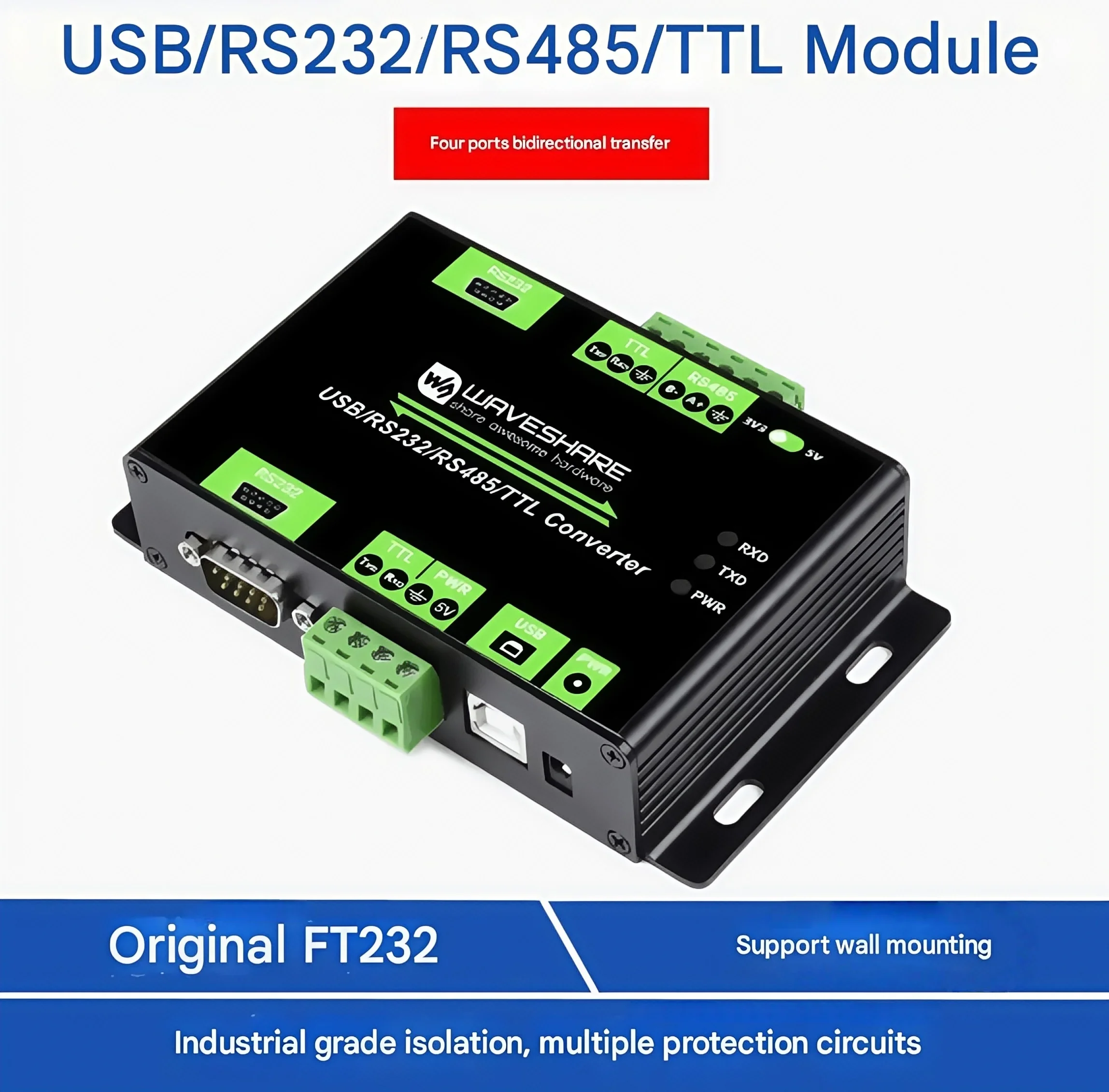 

Industrial grade USB/RS232/TTL/RS485 multi-protocol multi-interface converter with onboard isolation protection