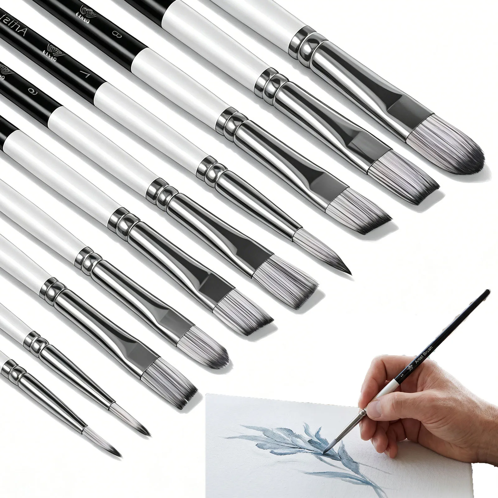 10Pcs Wooden Paint Brush Set Nylon Bristles Watercolor Acrylic Oil Gouache Brush with Non Slip Wood Handle Art Supply Present