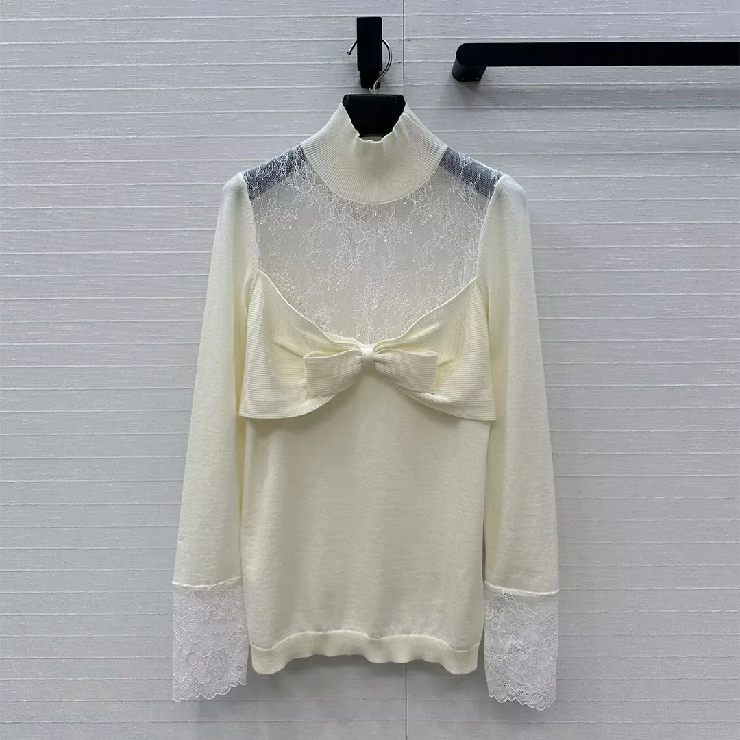 

New Spring Fashion Wool Knitted Sexy Lace Patchwork Transperant Bow Slim Basic Jumper Women Turtleneck Long Sleeve Sweet Sweater