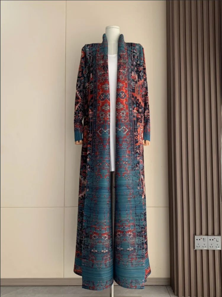 Abaya Long Trench Coat Miyake Women\'s Summer Style Elegant Wrinkled Loose Large Size Printed Middle East Cardigan Robe Tide