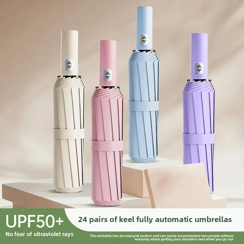 &Foldable Wooden Handle Umbrella Dual Bone Automatic Windproof Sunshade Umbrella Sunscreen Umbrella Women's Sunny Outdoor Large