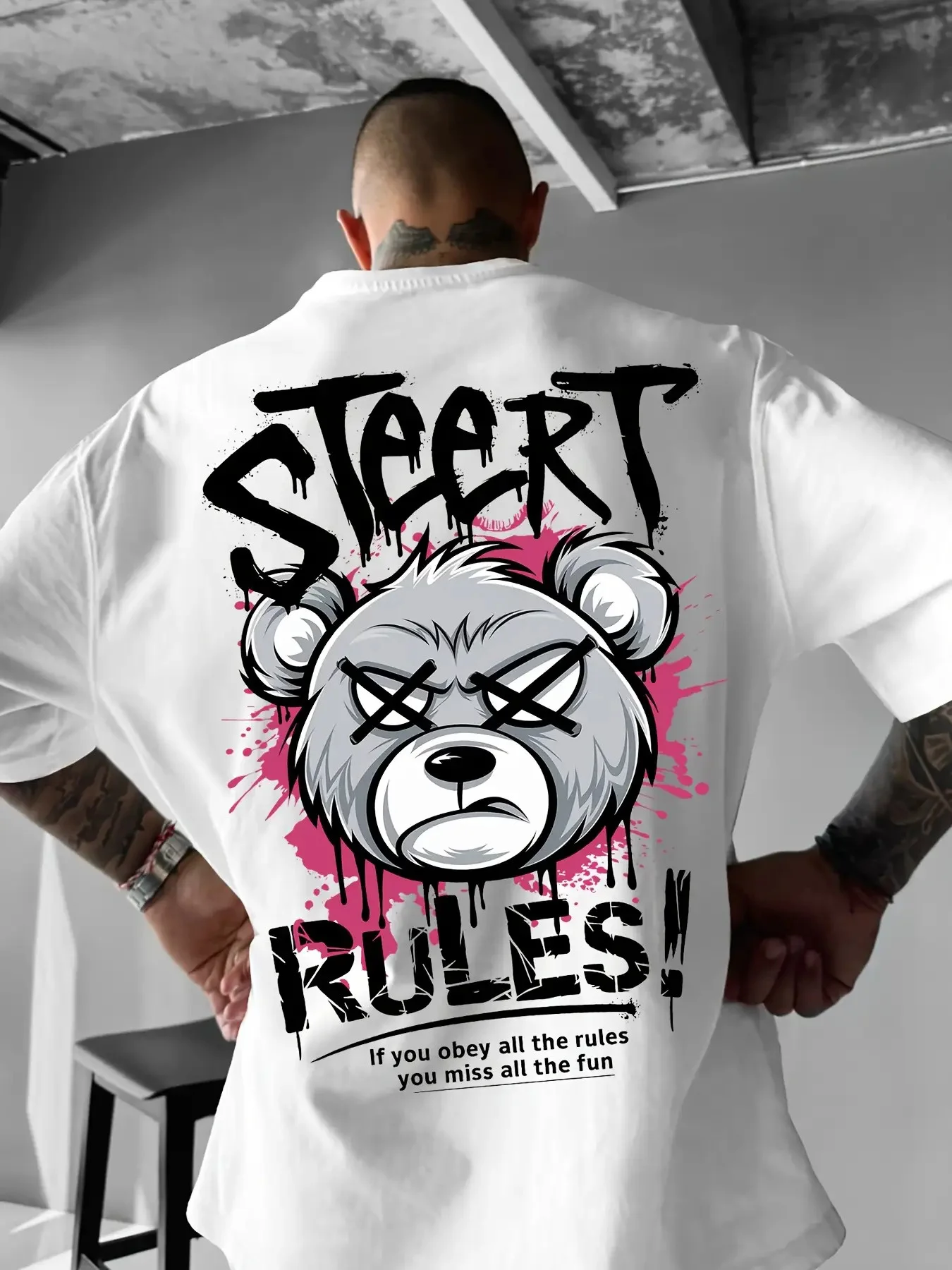 Men's Fashion Summer Angry Bear Letter Print Comfortable Breathable Round Neck T-shirt Outdoor Street Style Top