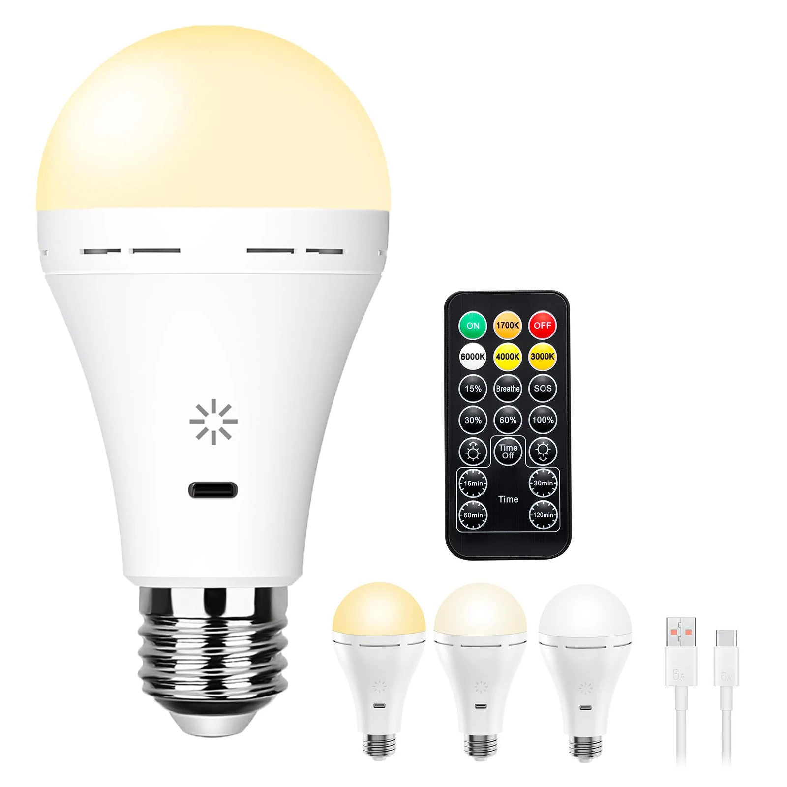 E27 Rechargeable Light Bulb with Remote and Timer Hanging for Emergency light bulb for power outage Dimmable 3 Color Temperature