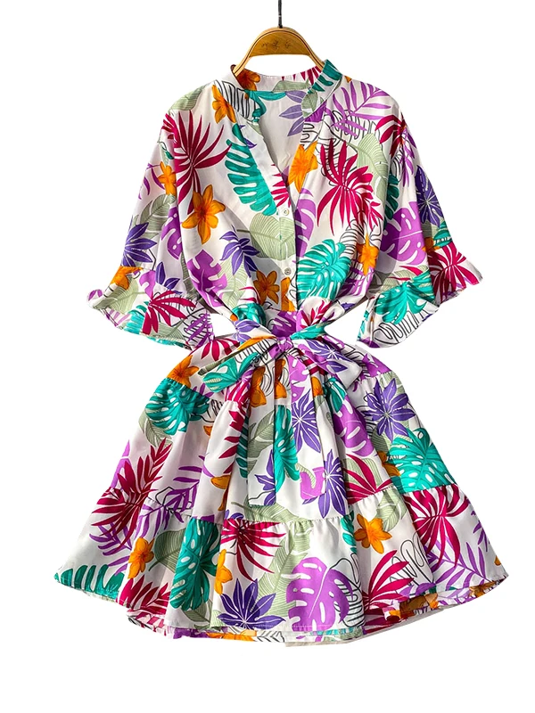 Holiday Dress Women's Summer Printing Strap Waist Thin Ruffle Edge Casual Loose Dress Boho Beach