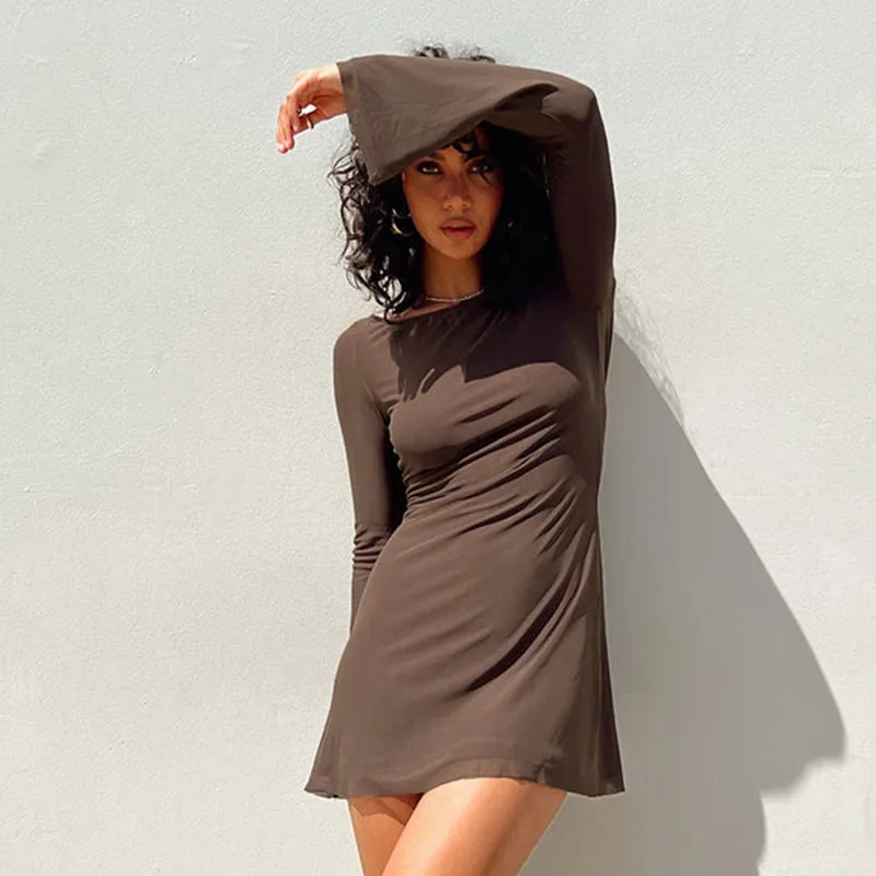 Manga longa cor sólida dupla camada malha mini vestido oco para fora sem costas rendas até mulheres sexy outono moda streetwear