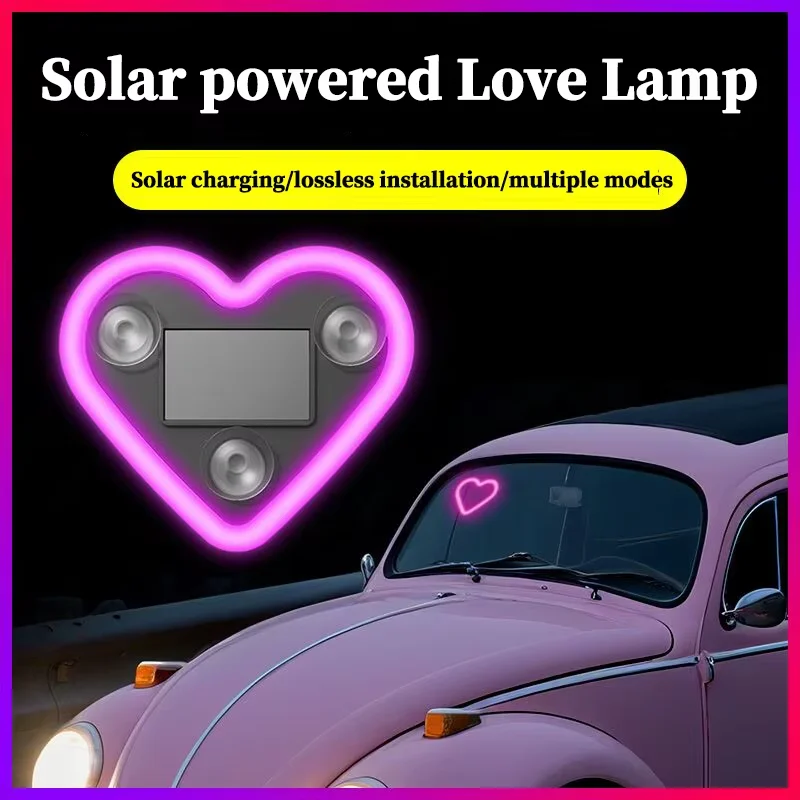 1 PCS Car Triangle Window LED Solar Powered Heart-shaped Neon Light Rear Window Illuminated Interior Decoration Atmosphere Light