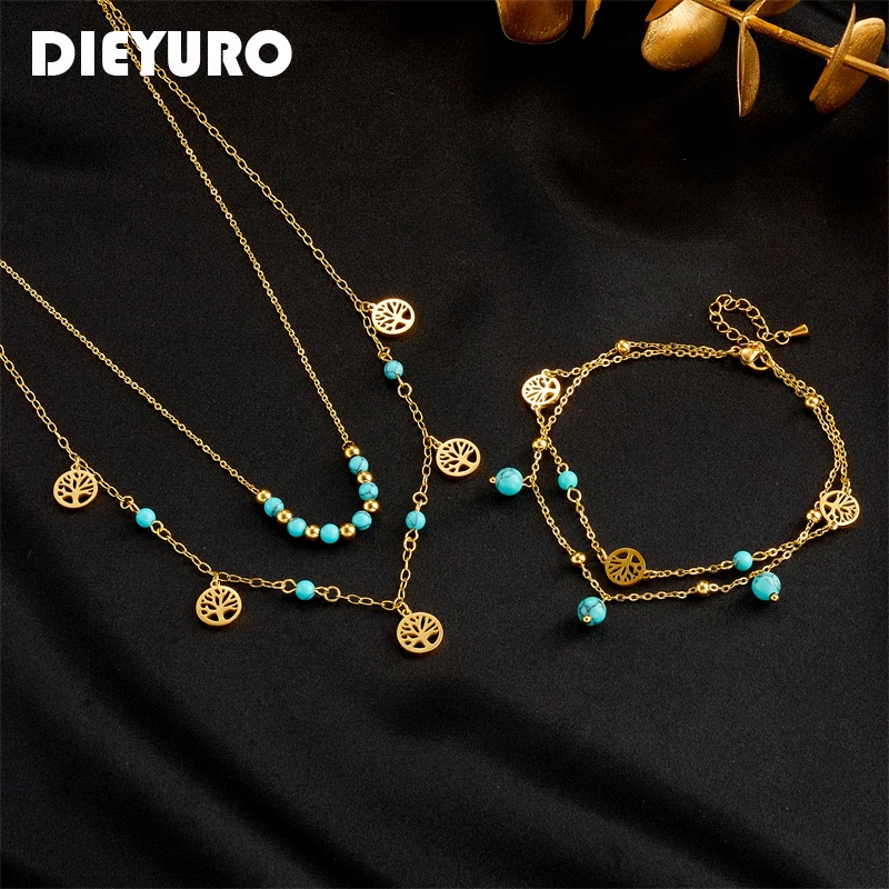 DIEYURO 316L Stainless Steel Round Tree Green Stone Beads Necklace Anklets For Women Girl Fashion 2-Layer Chains Jewelry Set