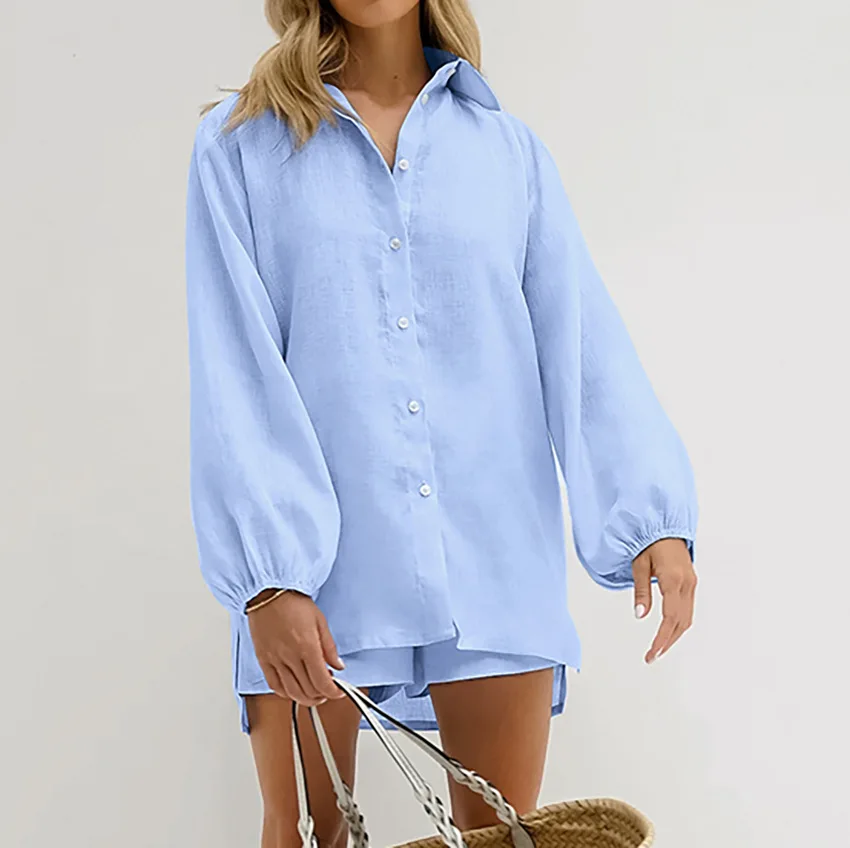 Women Clothing Sexy Summer All Match Transparent Fresh Blue Cotton Linen Loose Long-sleeved Shirt Shorts Two-piece Fashion Suit