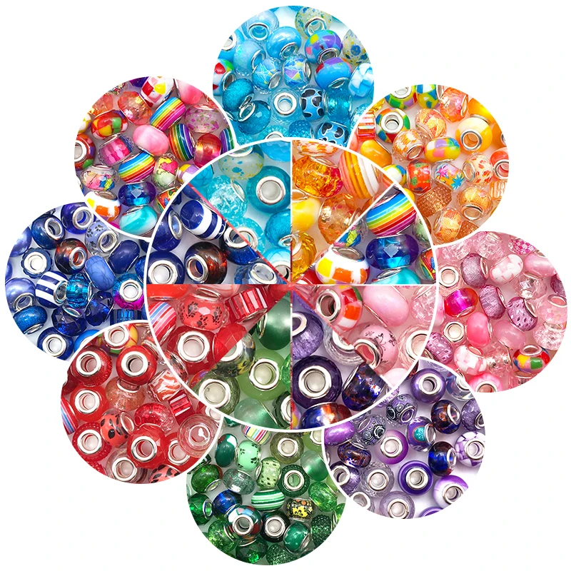 30pcs Mixed Resin Imitation Glass European Large Hole Beads Gift for Girls DIY Charms Bracelet Fit Pandora Jewelry Making