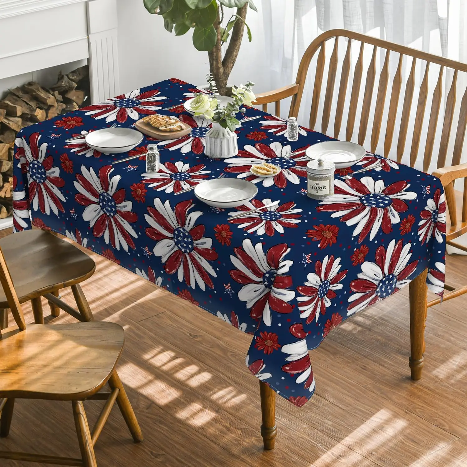 4th of July Rectangle Tablecloth for Table Decor Patriotic Memorial Day Print Flowers Table Cloth Independence Day Decorations