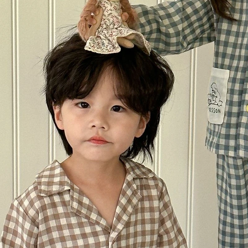 Boys girl pajamas home clothes pure cotton plaid 2024 new autumn long sleeved set comfortable trendy