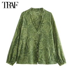 TRAF Metallic Print Shirts for Women Summer Casual Women's Shirt Boho Beach Blouse Female Long Sleeve Button up Shirt Woman