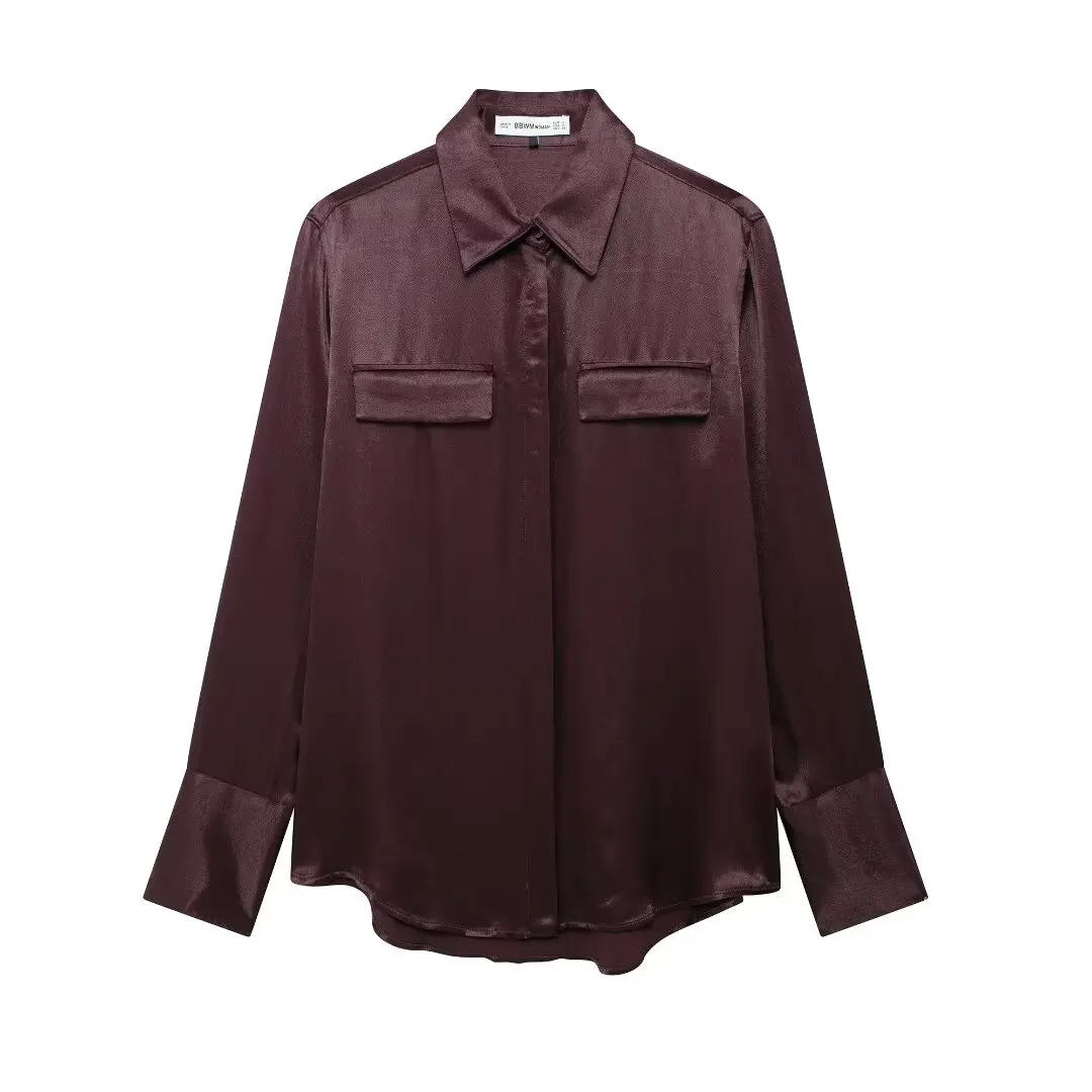 HH TRAF Women Burgundy Pocket Decorated Silk Satin Textured Shirt Female Elegant Lapel Single-Breasted High Street Casual Shirt