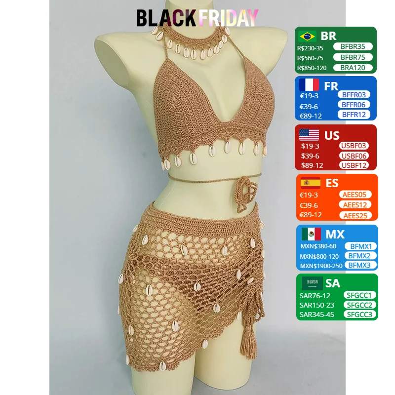 Ensemble de bikini 4 pièces pour femme, haut à pampilles coquillage au crochet, string sexy, transparent astronomique, bandage évidé, taille haute, jupe de plage courte