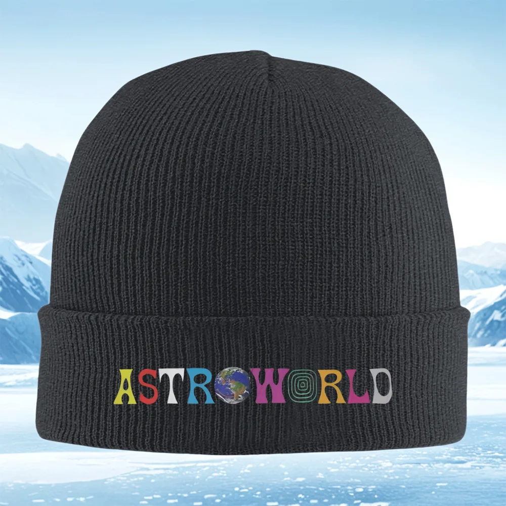 다채로운 글자, 지구의 그림, 검은색 배경 남녀공용 니트 모자 유니섹스 모자 겨울용 보온 모자