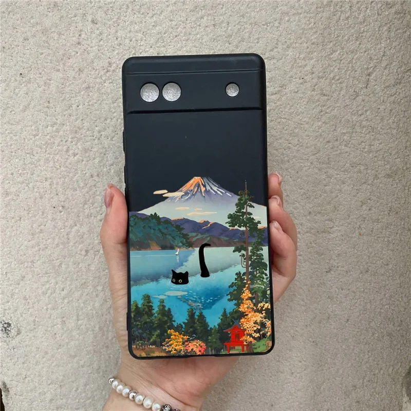 Japanese Aesthetic Black Cat Landscape Phone Case For Google Pixel 8Pro 9Pro 6 7 6A 7A Scenery Soft Silicone Cover For Google 8A