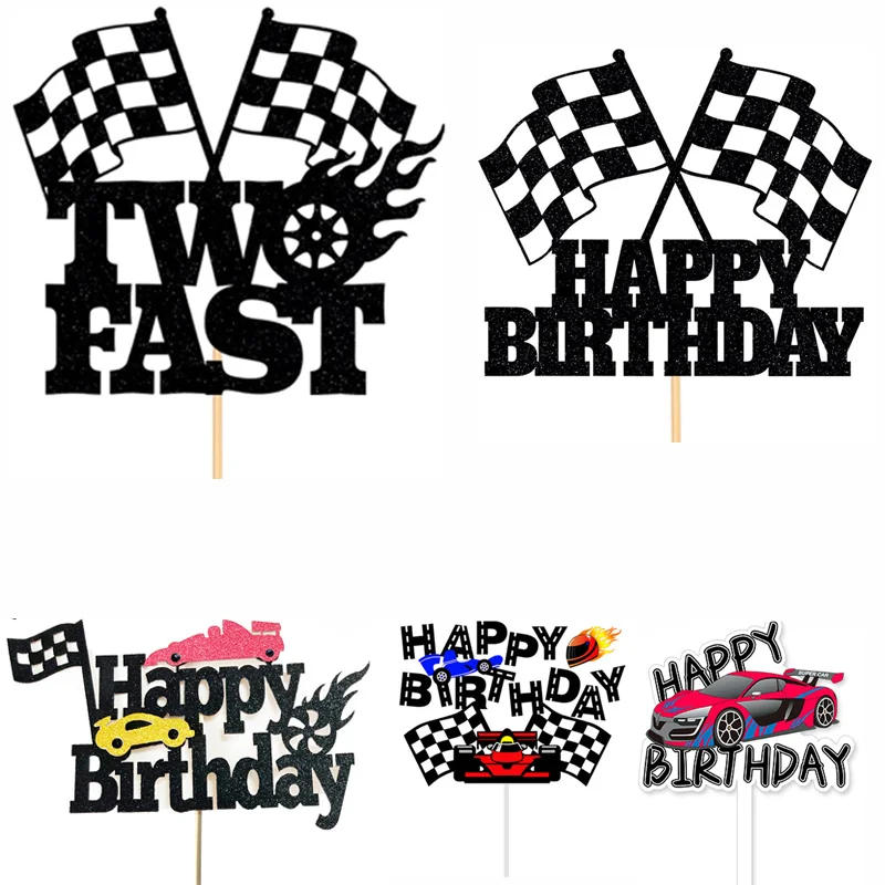 Adorno para tarta de coche de carreras, dos decoraciones para fiesta de cumpleaños con temática rápida, bandera a cuadros de carreras, suministros de decoración para tarta de feliz cumpleaños